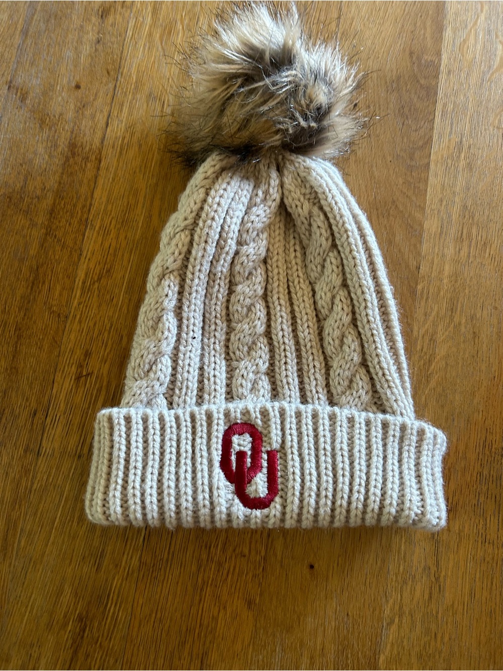 Cream Cable Knit Pom Beanie with Red OU Accent